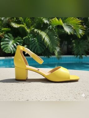 Ruth By J. Adams Yellow Square Toe Block Heel Sandal with Ankle Strap